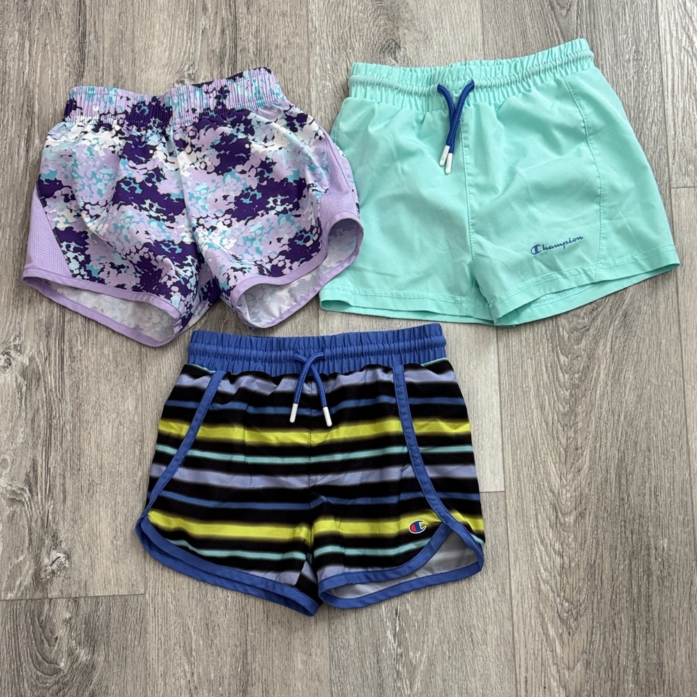 EUC Champion Kids' Purple, Mint, and Striped Shorts Trio Size 5/6